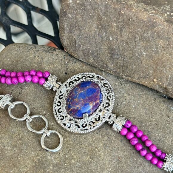 New in box! Purple Turquoise Mix Beaded Bracelet Silver Toned Earthy Boho 5.5” - Picture 2 of 5